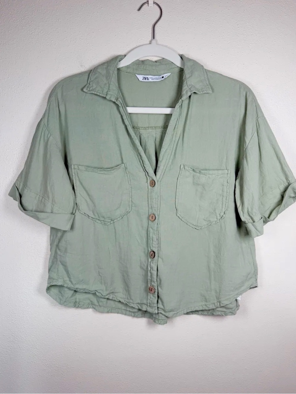Zara XS Sage Green Linen Blend Crop Shirt Cottagecore Clean Girl Y2K Summer